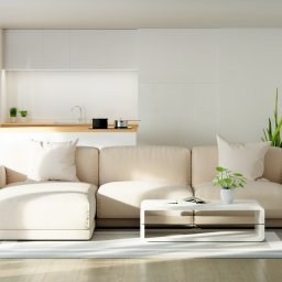 Poter Nieruchomości sp. z o.o - Jasne wnętrze: beżowa sofa z poduszkami, stolik kawowy z książką i rośliną, kuchnia w tle. Minimalistyczny design, drewniana podłoga, dywan w paski. Słoneczne światło.