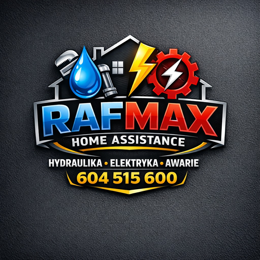 Logo firmy RAFMAX Home Assistance: hydraulika, elektryka, awarie. Zawiera ikonę domu z narzędziami, kroplą wody, piorunem i kołem zębatym. Numer telefonu 604 515 600.