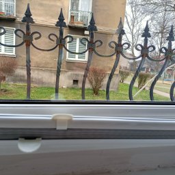 Martyna Kołucka Operacja Błysk - Widok z okna na ozdobny, metalowy płot z elementami rdzy, budynek mieszkalny i drzewa w tle.