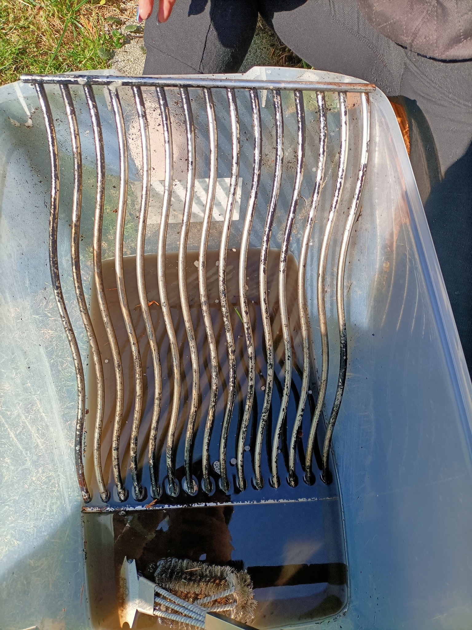 Metalowa kratka zanurzona w brudnej wodzie w plastikowym pojemniku, widoczny fragment szczotki do czyszczenia.