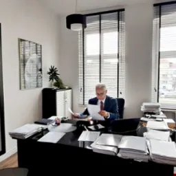 Wnętrze biura z adwokatem w garniturze, analizującym dokumenty przy czarnym biurku, na którym leżą sterty papierów i laptop. W tle okna z żaluzjami i widokiem na miasto oraz regał z dekoracjami.
