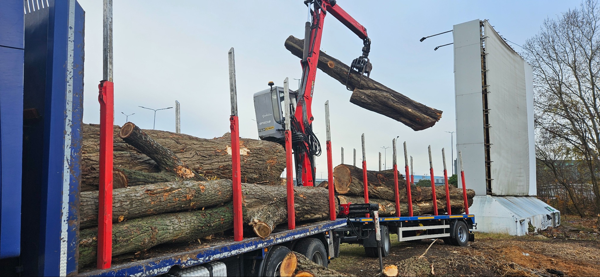 Ciężarówka z czerwonym żurawiem załadowana pociętymi pniami drzew. Żuraw podnosi kolejny pień. W tle widoczny billboard i drzewa.