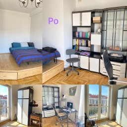 Połysk Ultra - Kolaż przedstawiający pokój przed i po. Widoczne: łóżko na podeście, regał z książkami i szklana witryna, biurko z komputerem, szafa przy oknie. Na ścianie widnieje napis 'Po'.