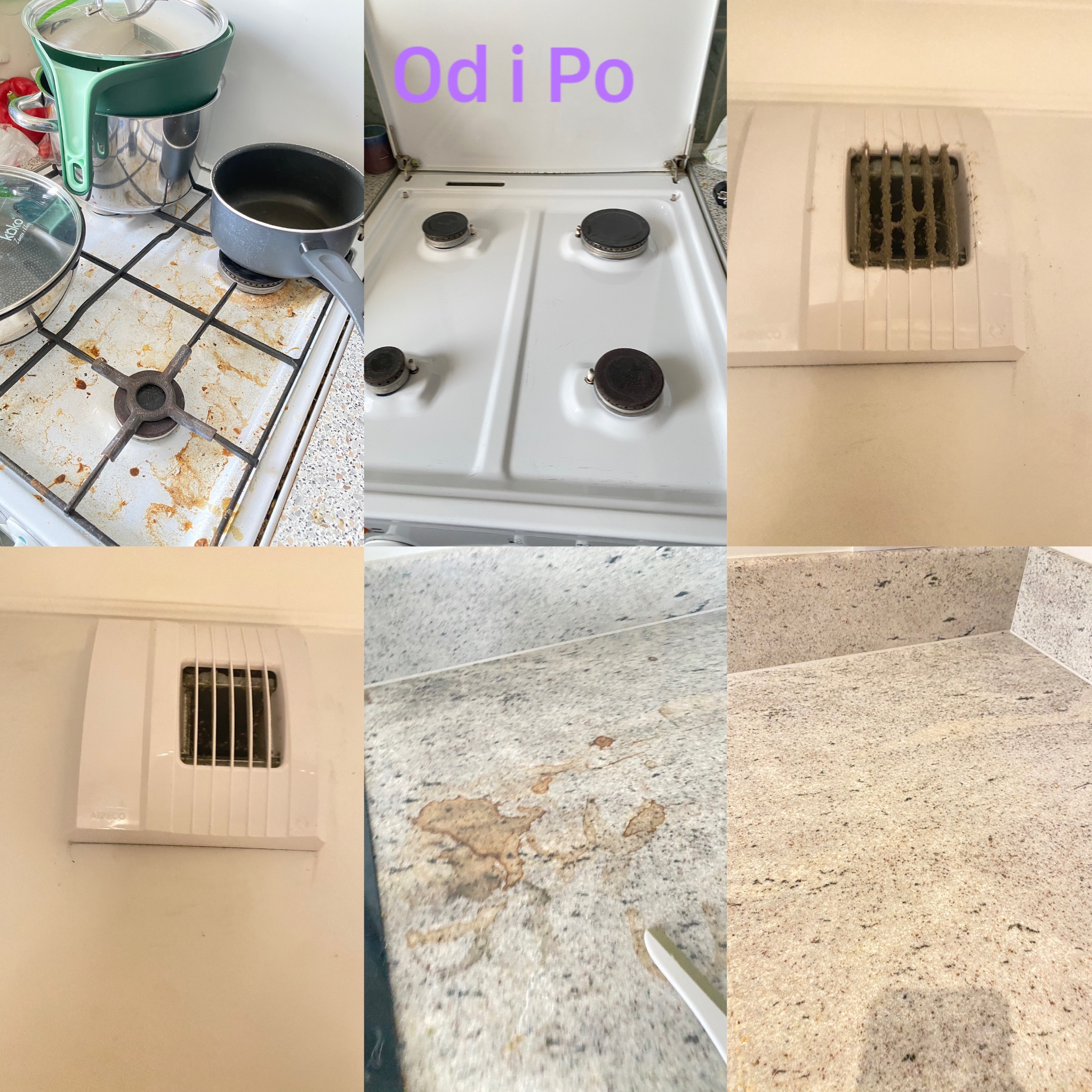 Zestawienie zdjęć: zabrudzona płyta kuchenna z garnkami, czysta płyta kuchenna, brudna kratka wentylacyjna, czysta kratka wentylacyjna, zabrudzony blat, czysty blat.