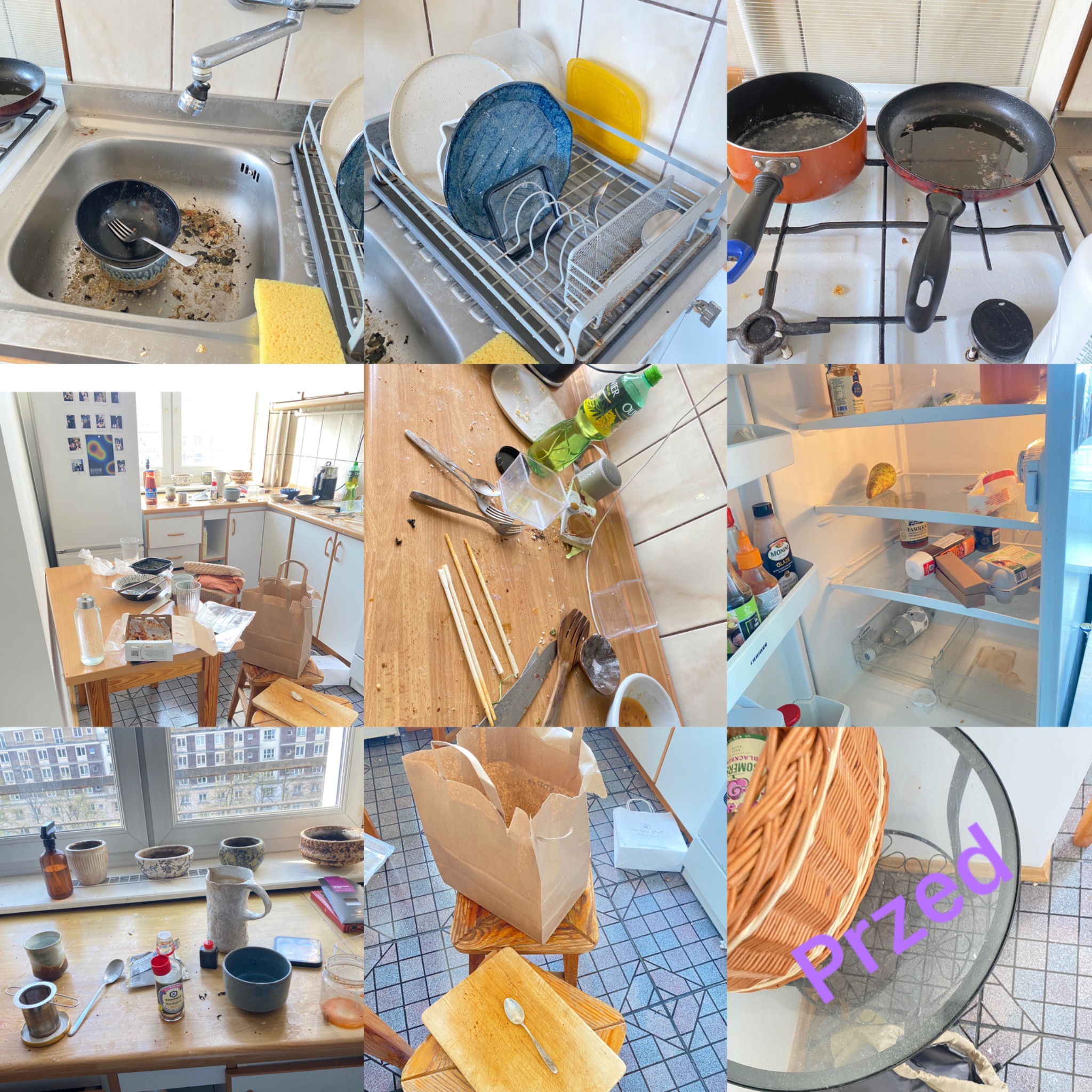 Kolaż przedstawiający bardzo brudną kuchnię przed sprzątaniem: zlew pełen resztek jedzenia, brudne naczynia na suszarce, przypalony garnek i patelnia na kuchence, bałagan na stole i blacie...