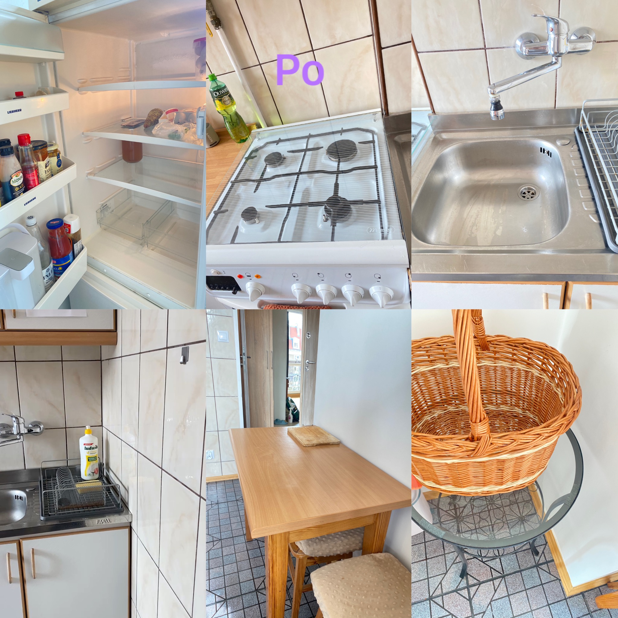 Kompozycja kolażu przedstawia czysty, uporządkowany aneks kuchenny z lodówką, kuchenką, zlewem z suszarką oraz stolikiem, ukazując efekt po usłudze sprzątania.