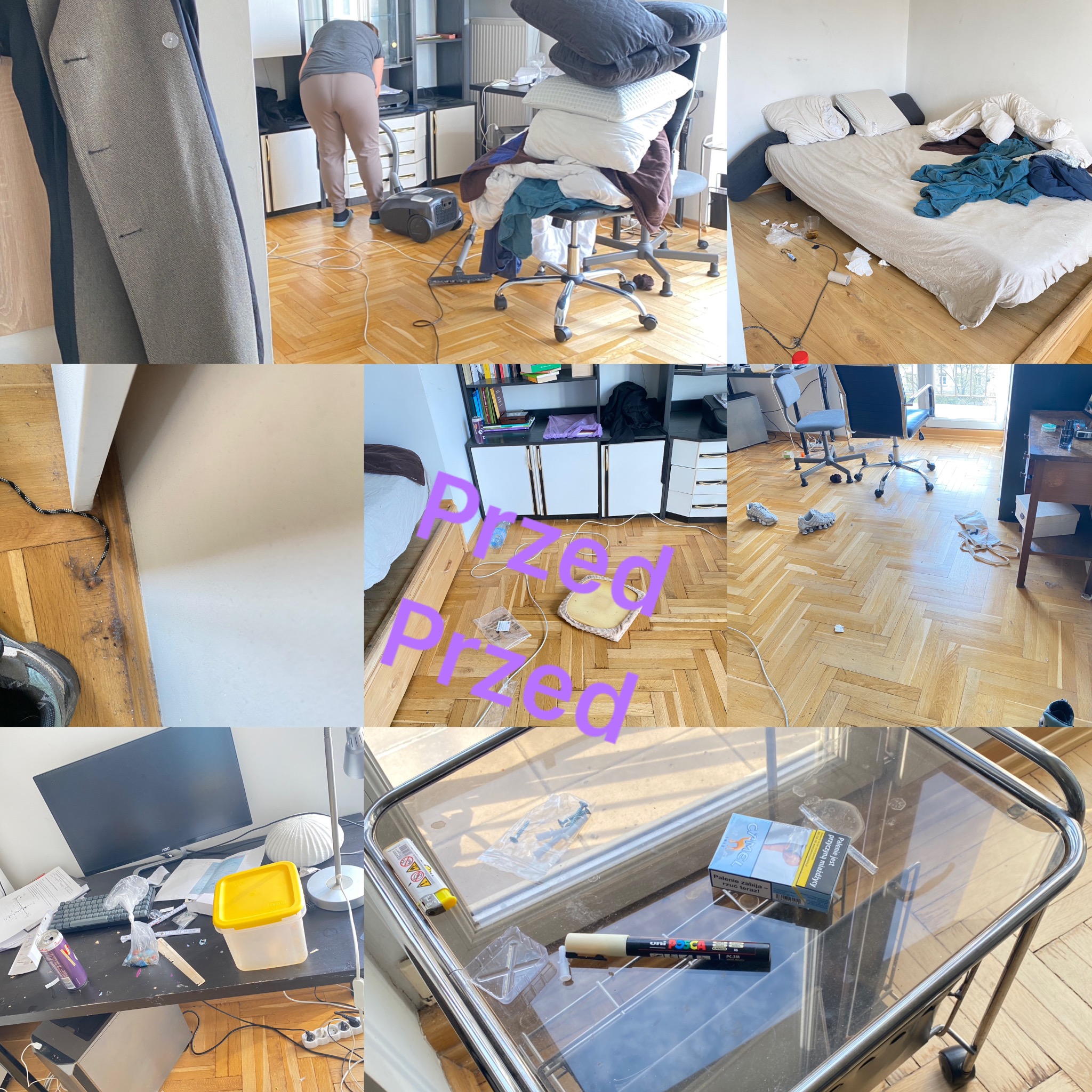 Kolaż zdjęć przedstawiający bardzo zaniedbane i zagracone wnętrze mieszkania przed sprzątaniem: bałagan na biurku, niepościelone łóżko, porozrzucane przedmioty, osoba odkurzająca podłogę.