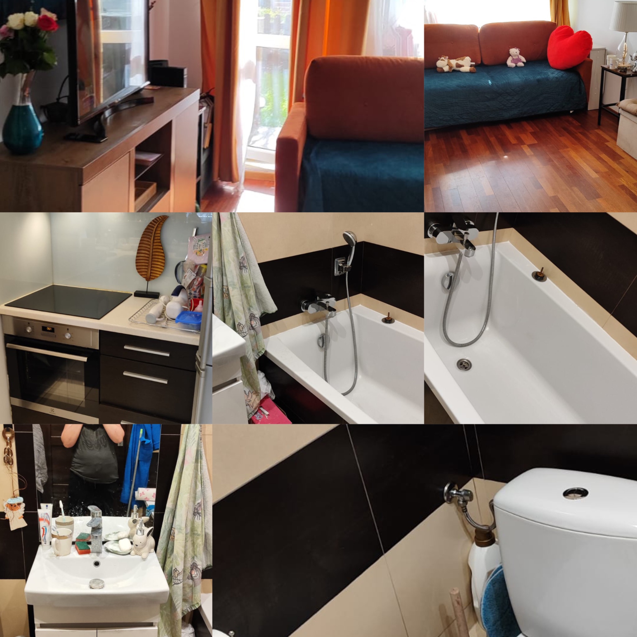 Kolaż przedstawiający fragment salonu z brązową sofą i drewnianą podłogą, kuchnię z czarną płytą grzewczą i piekarnikiem oraz łazienkę z białą wanną i umywalką z lustrem.