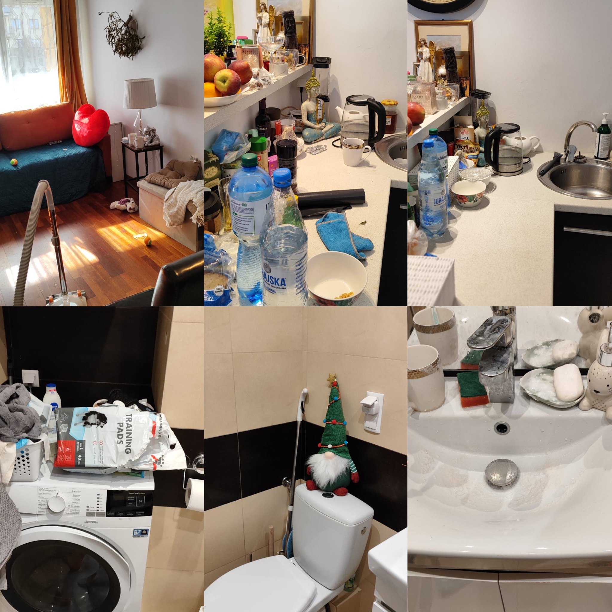 Kolaż zdjęć przedstawiający różne pomieszczenia w domu przed rozpoczęciem sprzątania: salon z odkurzaczem, zagracona kuchnia, pralka z nieporządkiem i brudna umywalka w łazience.