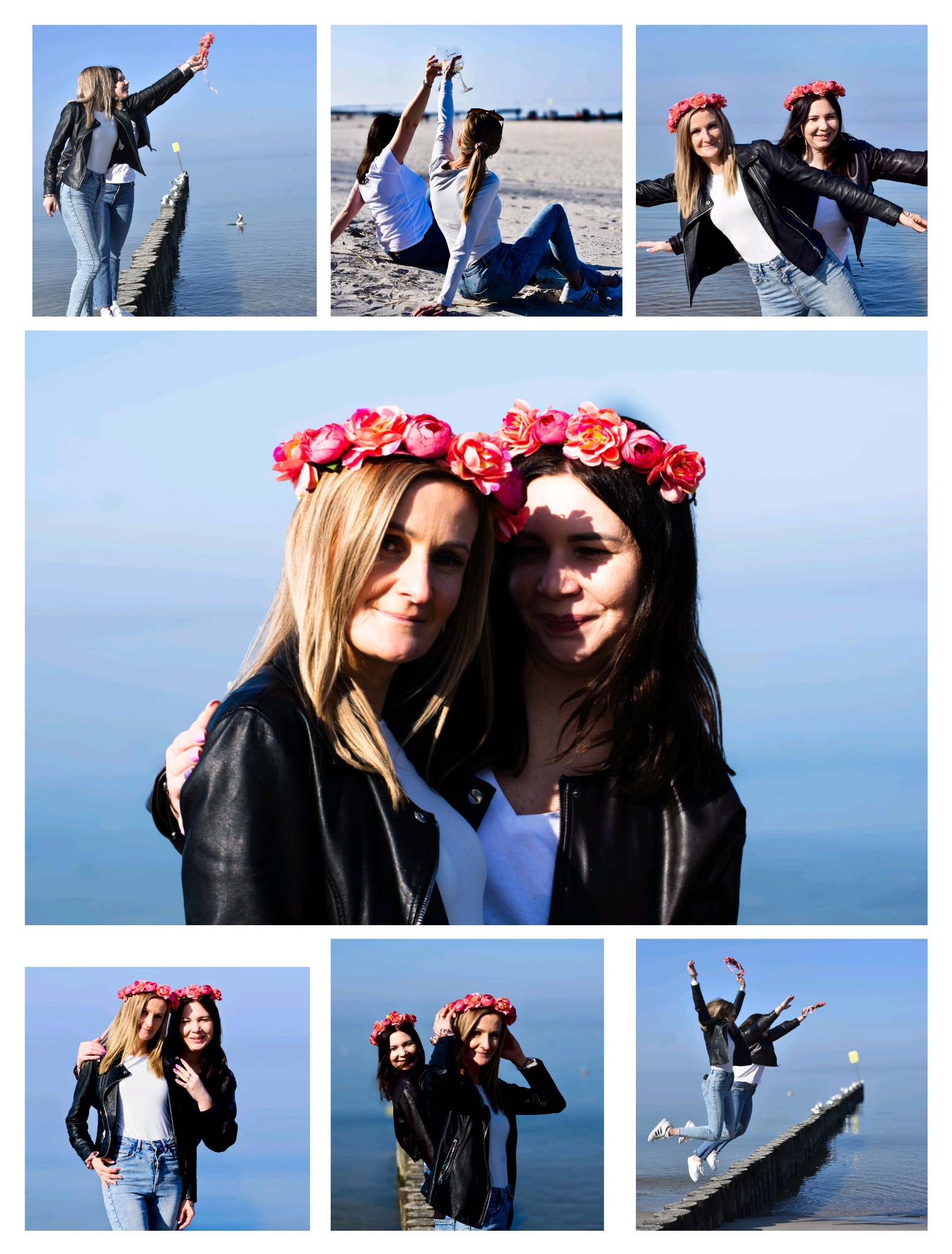 Kolaż zdjęć dwóch kobiet w jeansach i skórzanych kurtkach, z wiankami z różowych kwiatów na głowach, pozujących na tle morza i plaży, w różnych ujęciach: siedzące na piasku z kieliszkami, stojące...