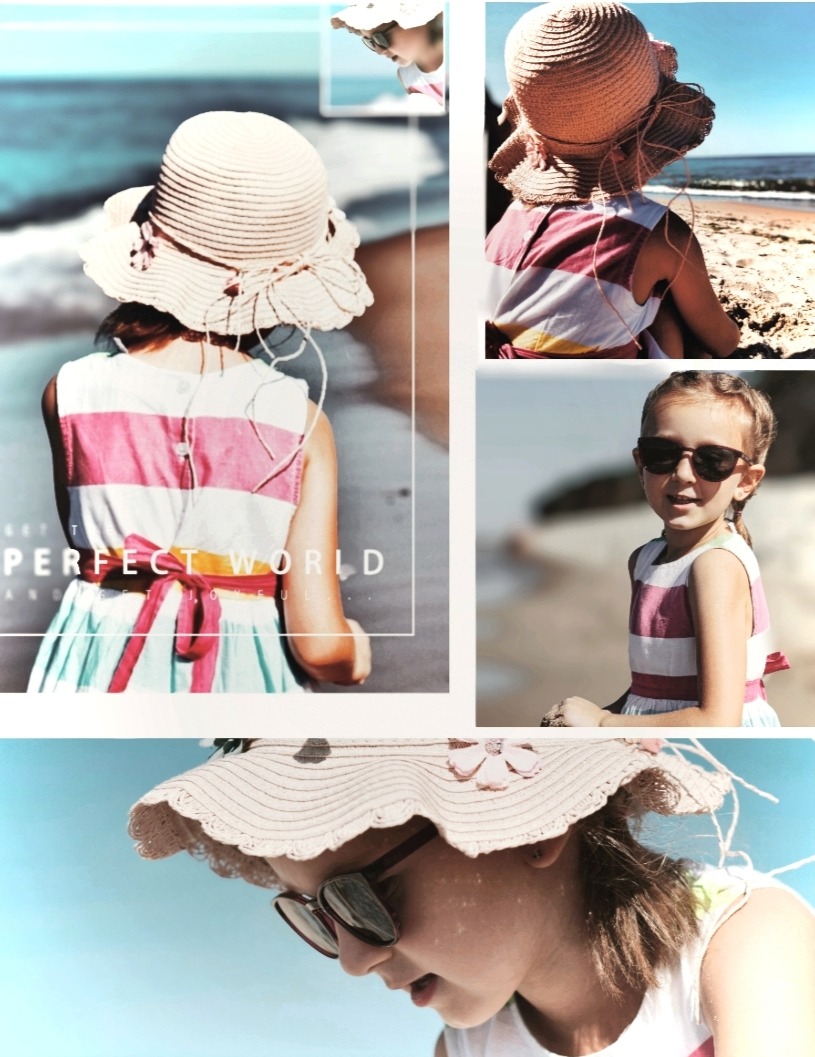Kolaż zdjęć dziewczynki w sukience i kapeluszu na plaży, z różnymi ujęciami i filtrami kolorystycznymi.
