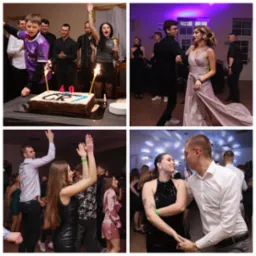 Kolaż z czterech zdjęć z imprezy: tort urodzinowy z fajerwerkami i grupą osób, para tańcząca w fioletowym oświetleniu, grupa osób tańcząca i rozmawiająca, para trzymająca się za ręce na tle dekoracji.