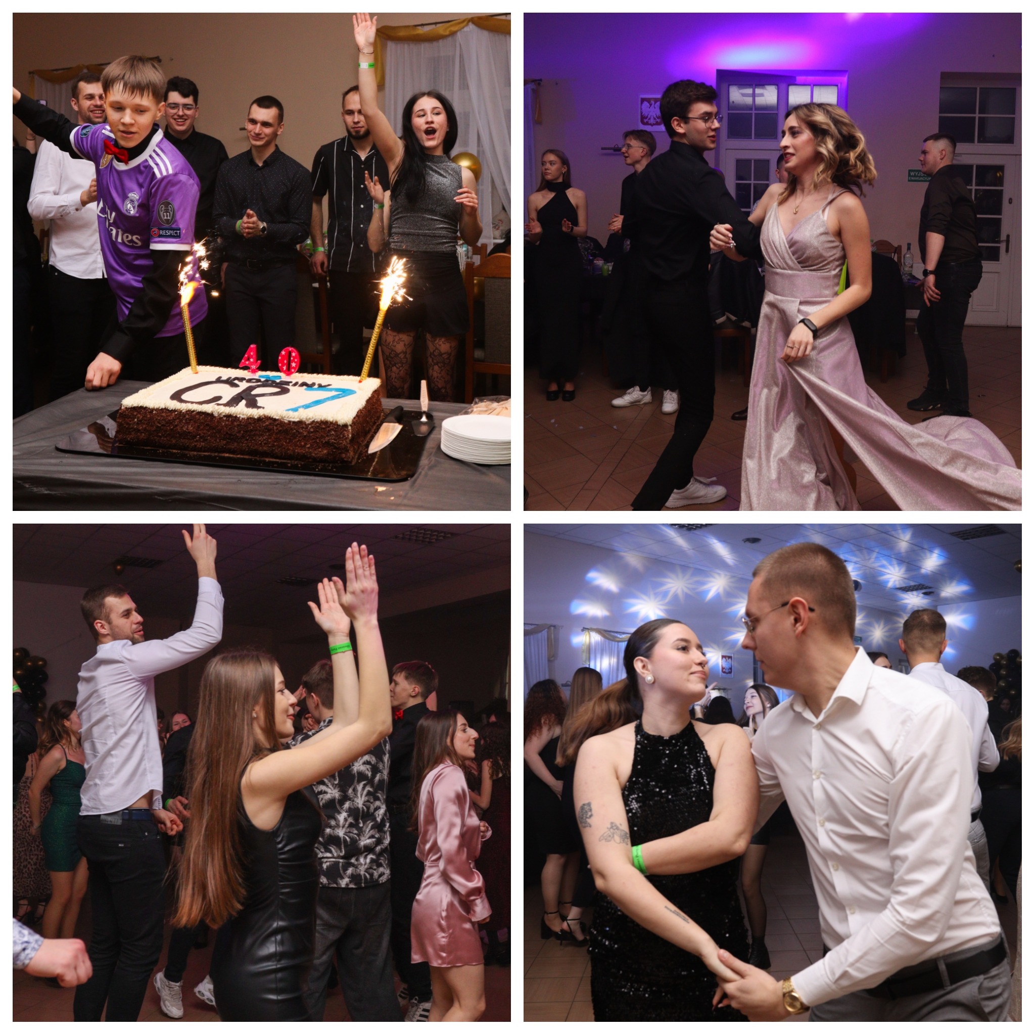 Kolaż z czterech zdjęć z imprezy: tort urodzinowy z fajerwerkami i grupą osób, para tańcząca w fioletowym oświetleniu, grupa osób tańcząca i rozmawiająca, para trzymająca się za ręce na tle dekoracji.