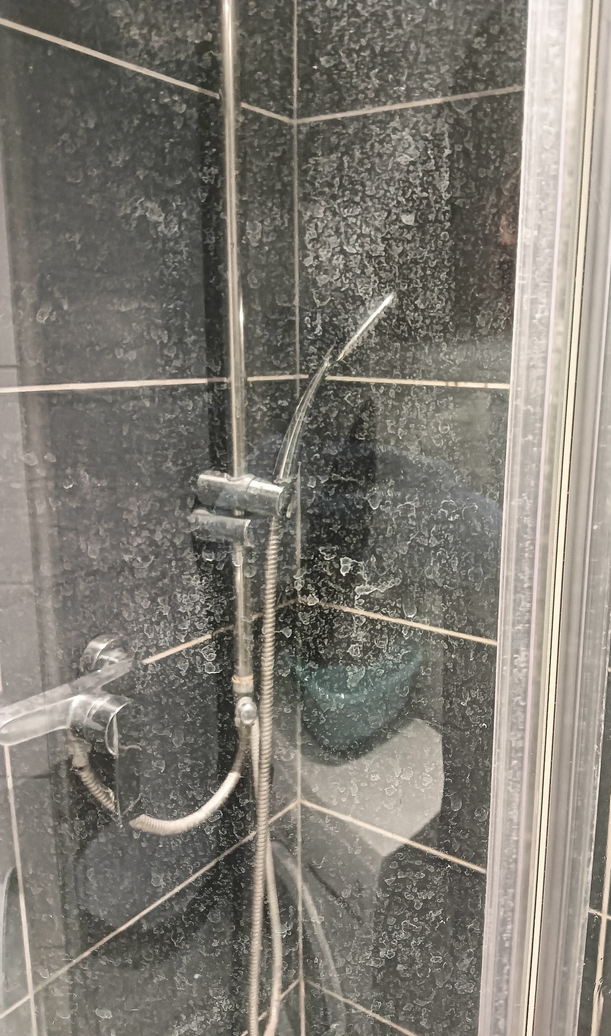 Zakamieniona kabina prysznicowa z czarnymi płytkami i słuchawką prysznicową, widoczne osady wapienne na szkle i fugach.