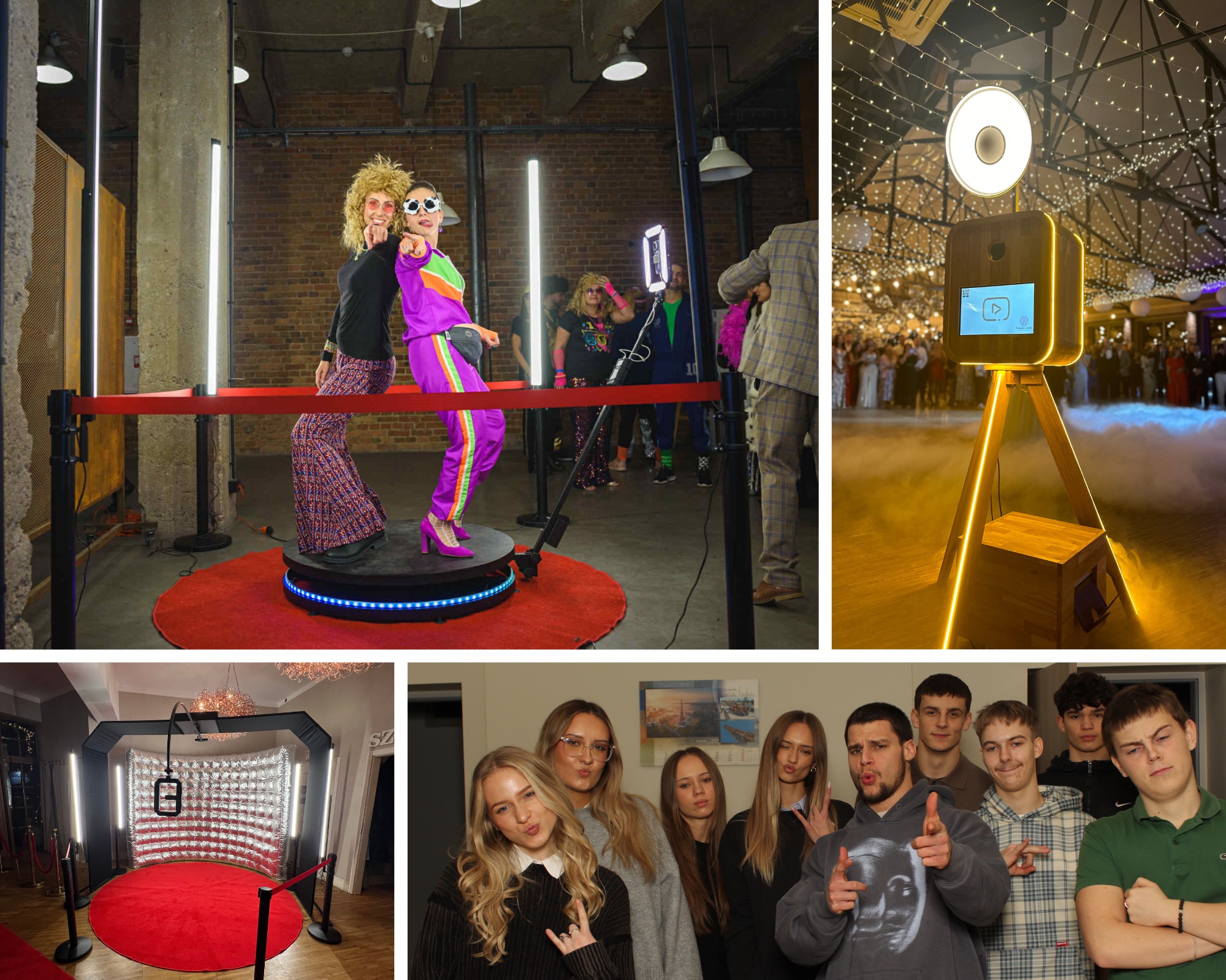 Kolaż zdjęć z imprezy: osoby pozujące na obrotowej platformie, klasyczna budka z oświetleniem i grupa znajomych. Różne konfiguracje i style.