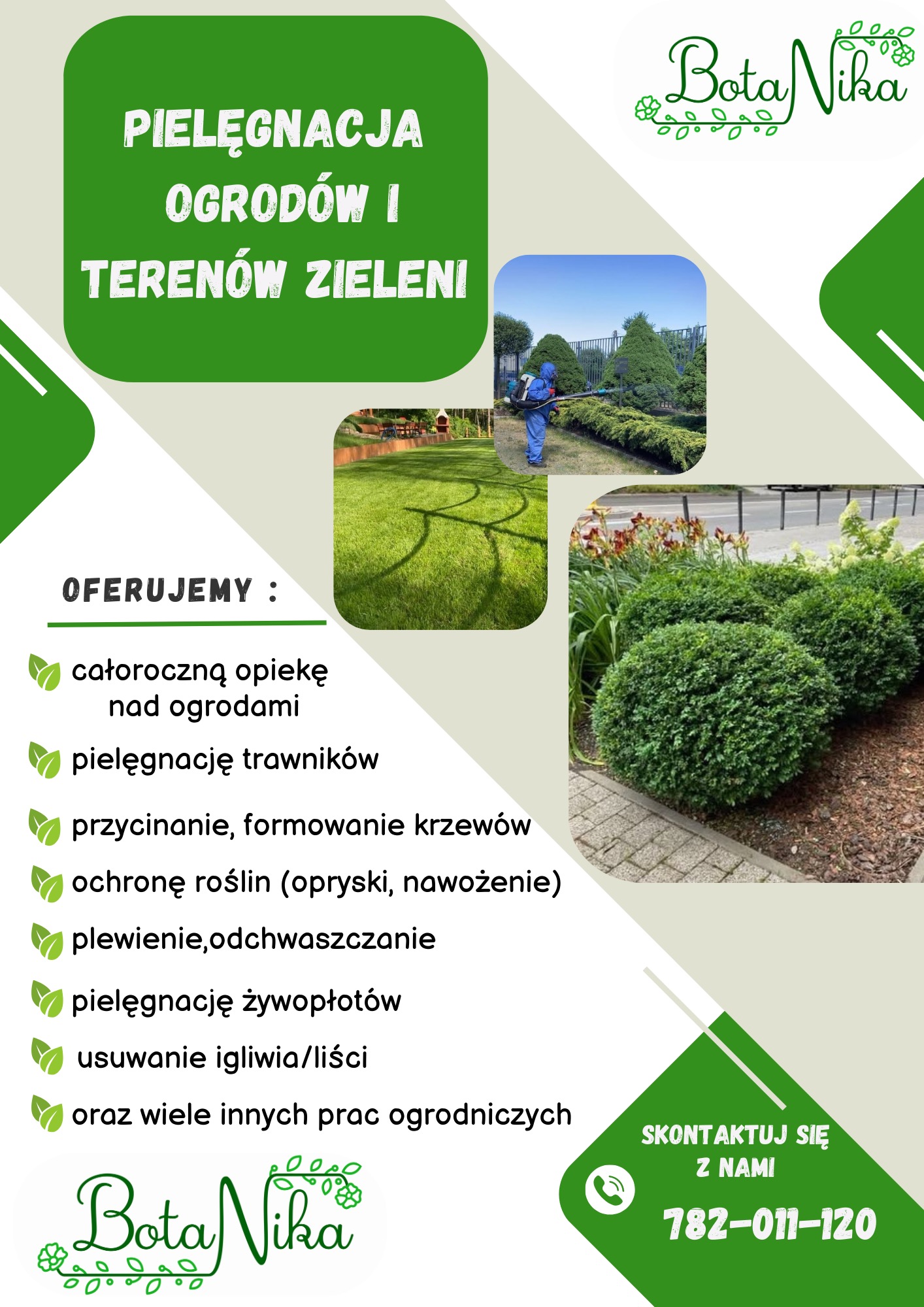 Grafika reklamowa firmy ogrodniczej Bota Nika, prezentująca usługi: całoroczną opiekę nad ogrodami, pielęgnację trawników, formowanie krzewów, ochronę roślin, plewienie, pielęgnację żywopłotów...