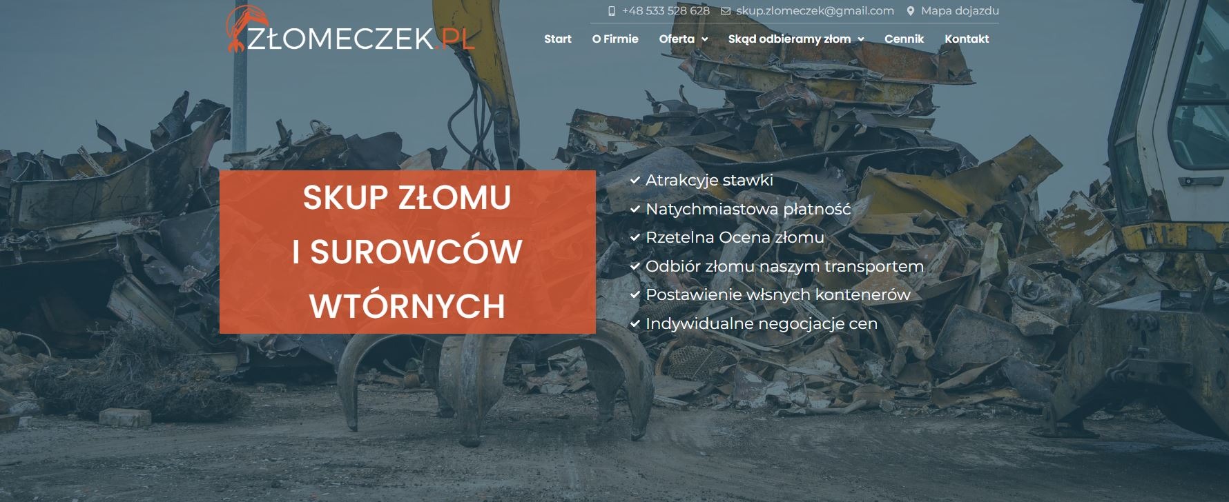 Strona internetowa firmy zajmującej się skupem złomu, z widocznym logiem Złomeczek PL i hasłem 'Skup złomu i surowców wtórnych' na tle sterty złomu i maszyny do jego załadunku.