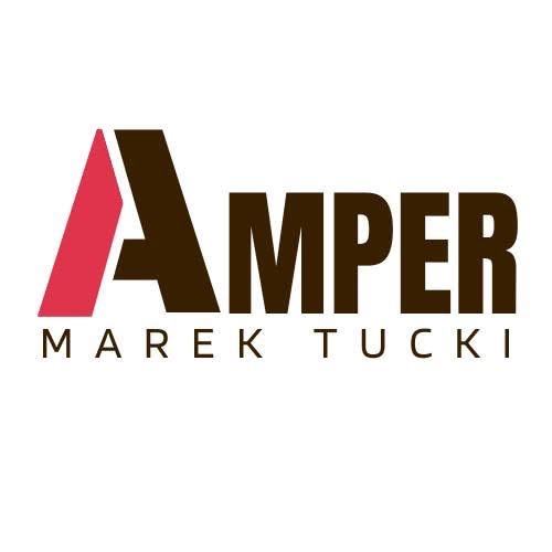 Logo firmy 'Amper Marek Tucki' z czerwonym trójkątnym elementem i brązowym napisem.