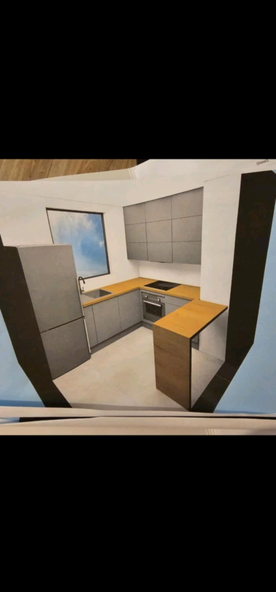 Projekt kuchni z szarymi szafkami i drewnianym blatem, widok z perspektywy, z oknem z widokiem na niebo.