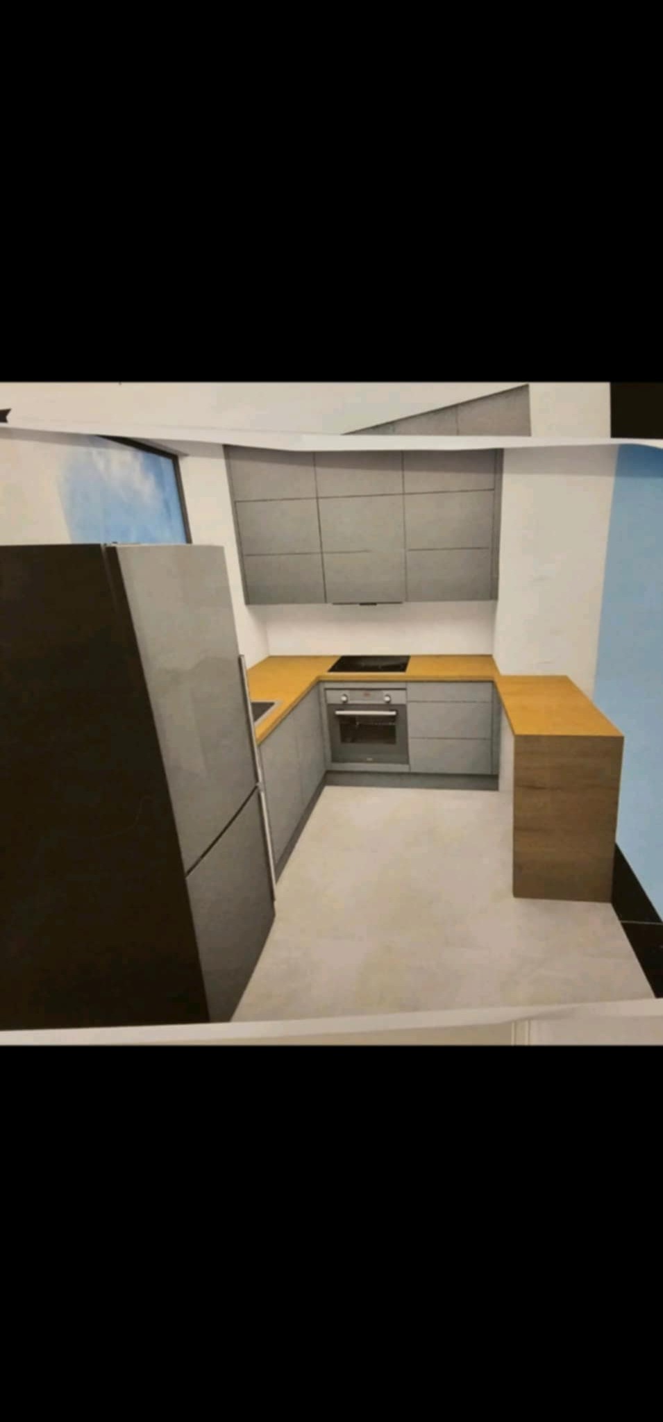 Wizualizacja projektu kuchni z szarymi szafkami i drewnianym blatem, widok z perspektywy narożnej, z oknem w tle.