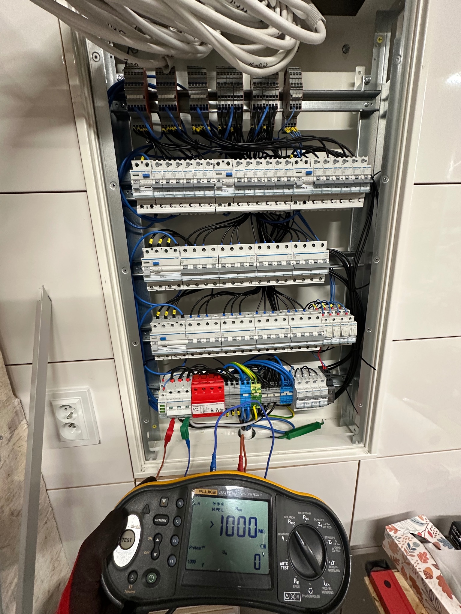 Szafa elektryczna z zainstalowanymi bezpiecznikami i przewodami, pomiar rezystancji izolacji wykonywany miernikiem Fluke na tle białych płytek.
