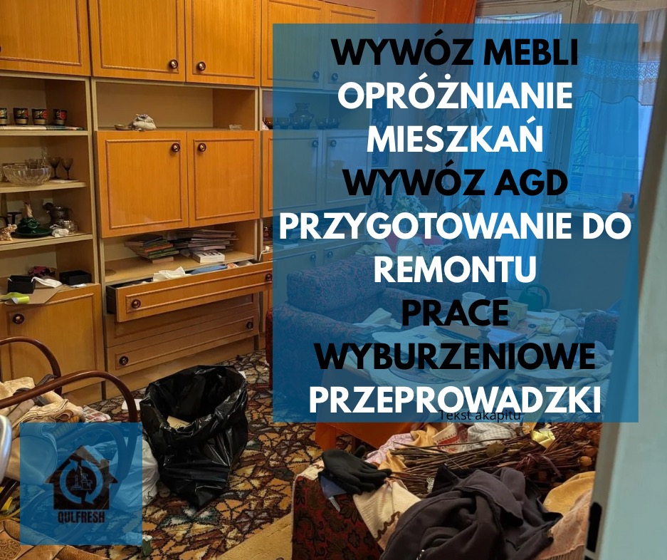 Pokój przed remontem z otwartymi szafkami, workiem na śmieci i porozrzucanymi przedmiotami na dywanie. Widoczne logo firmy Qulfresh.