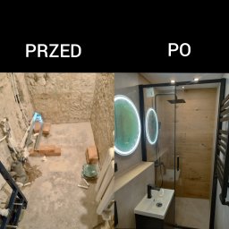 Flismarbud - Zdjęcie 'Przed i Po' prezentujące remont łazienki: surowy stan z instalacjami vs. nowoczesna kabina prysznicowa z drewnopodobnymi płytkami i okrągłym lustrem LED.
