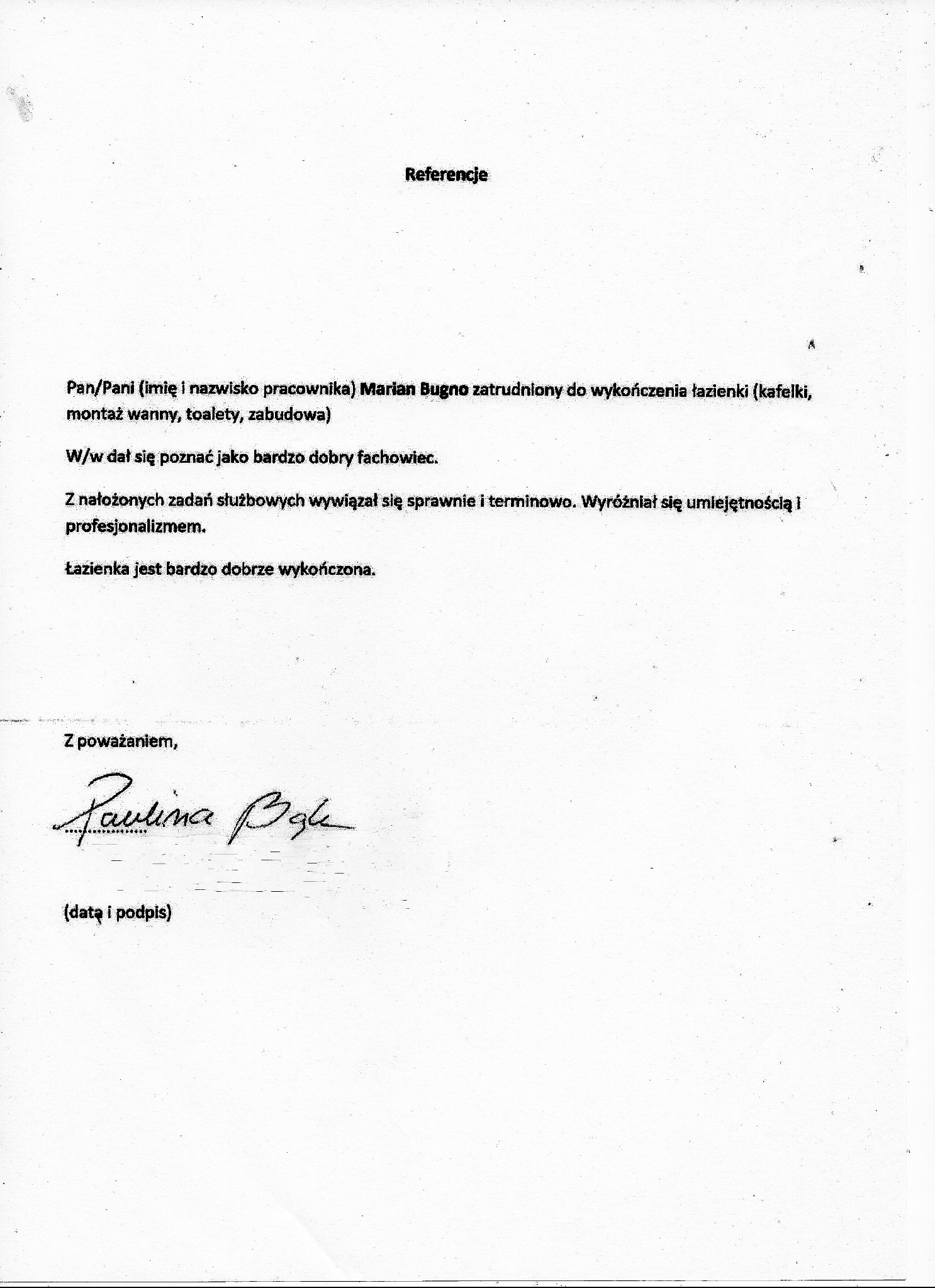 Skan referencji dla Mariana Bugno, fachowca od wykończenia łazienek, z pochlebną opinią o jego umiejętnościach i profesjonalizmie, podpisane przez Paulinę Bąk.