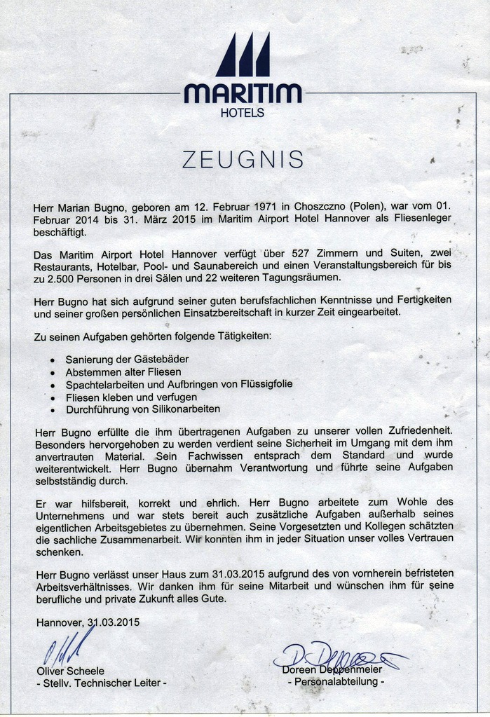 Zeugnis (świadectwo pracy) dla Mariana Bugno, zatrudnionego jako Fliesenleger (glazurnik) w Maritim Airport Hotel Hannover od lutego 2014 do marca 2015, z wyszczególnionymi zadaniami, takimi jak...