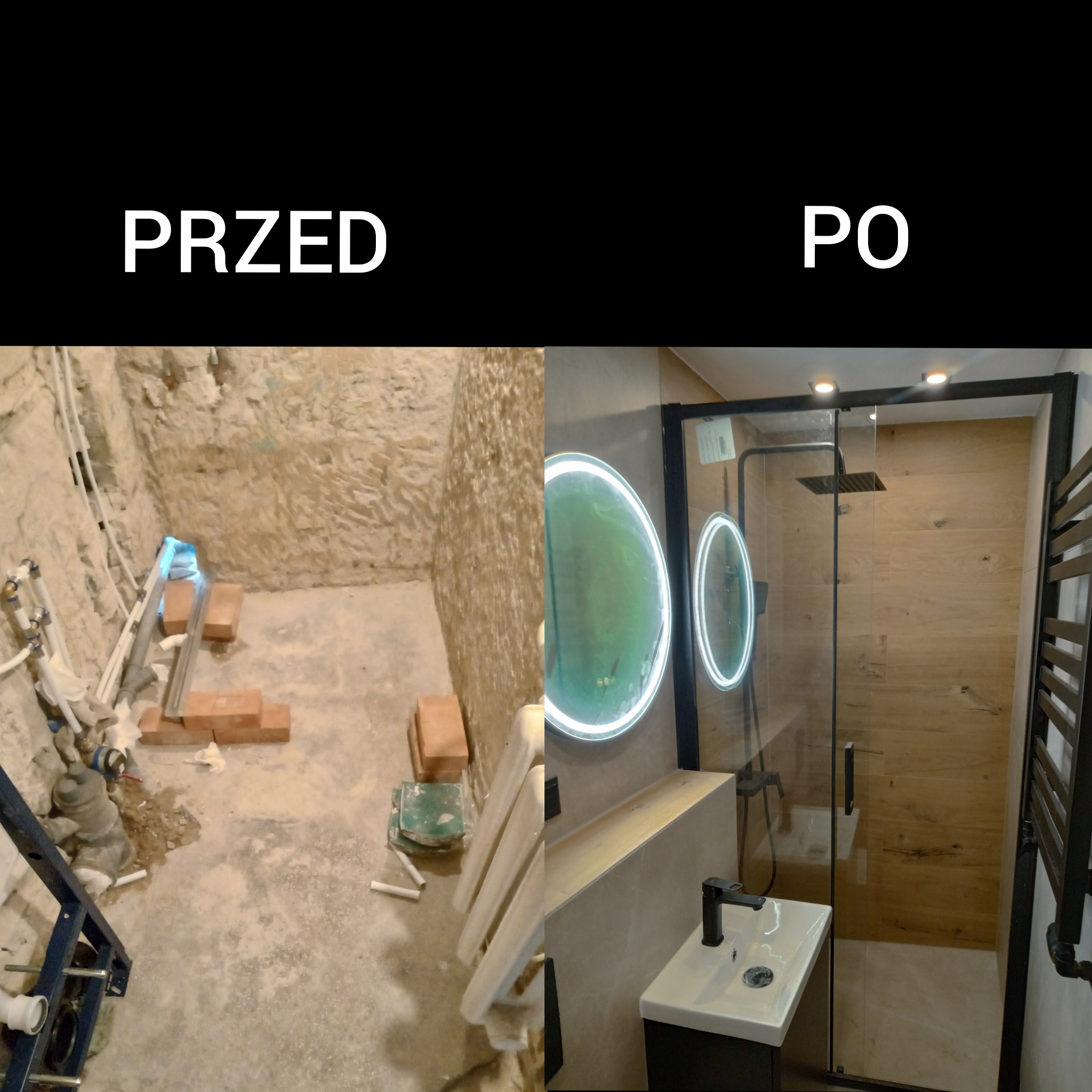 Zdjęcie 'Przed i Po' prezentujące remont łazienki: surowy stan z instalacjami vs. nowoczesna kabina prysznicowa z drewnopodobnymi płytkami i okrągłym lustrem LED.