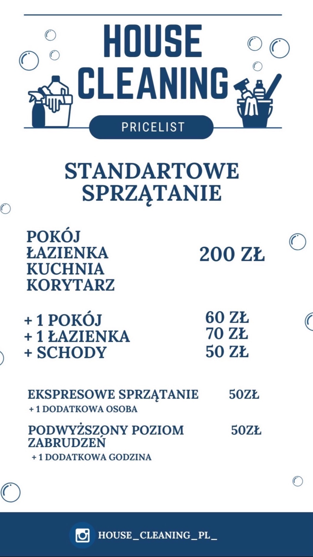 Grafika z cennikiem usług porządkowych: standardowe sprzątanie pokoju, łazienki, kuchni i korytarza za 200 zł, dodatkowy pokój 60 zł, łazienka 70 zł, schody 50 zł, ekspresowe sprzątanie 50 zł...