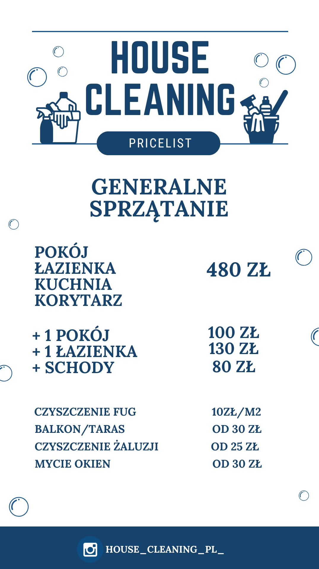 Grafika z cennikiem usług sprzątania domu, obejmująca sprzątanie ogólne pokoju, łazienki, kuchni i korytarza, a także czyszczenie fug, balkonu/tarasu, żaluzji i mycie okien, wraz z ikonami środków...
