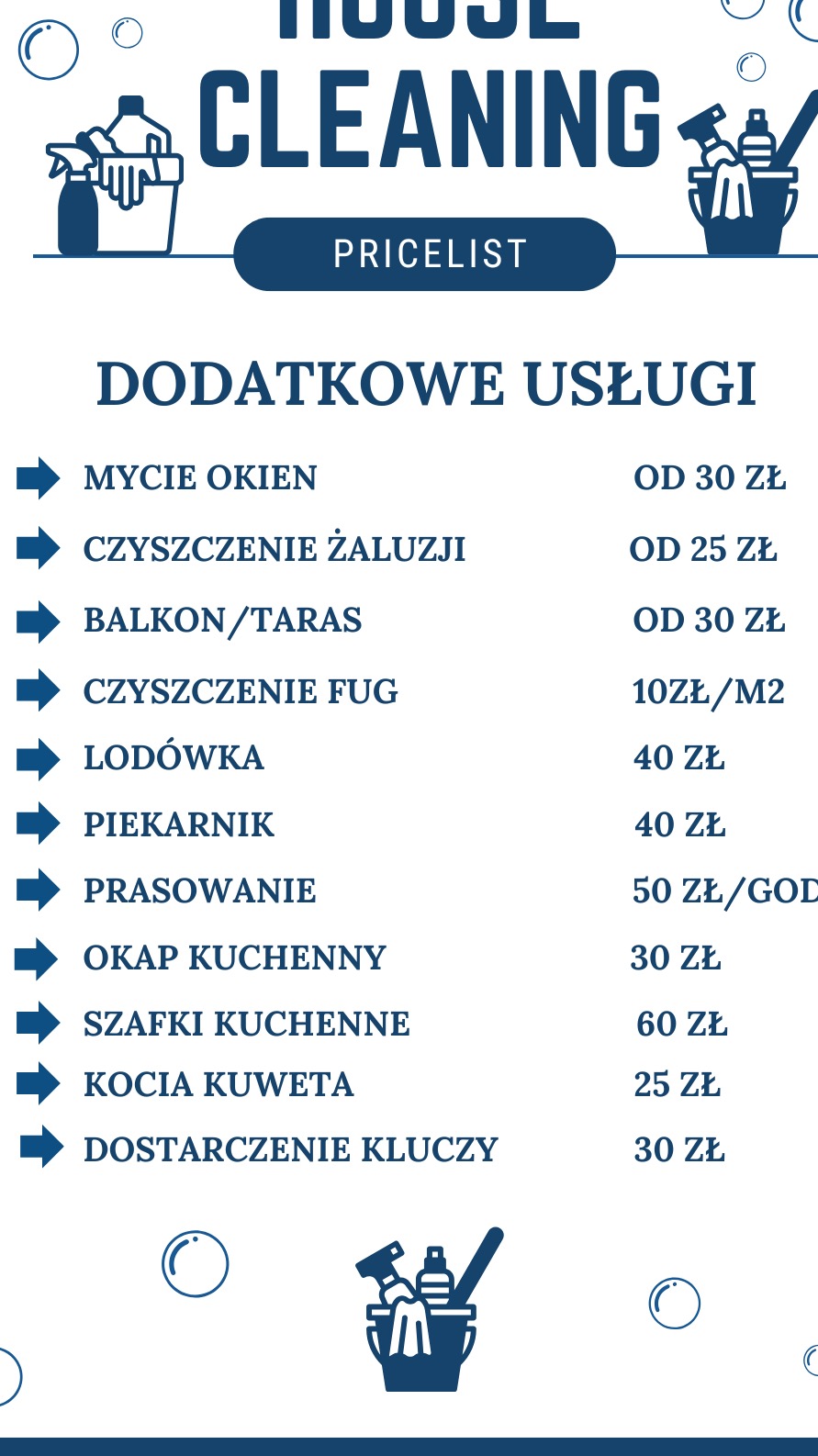 Grafika z cennikiem usług sprzątania domu, w tym mycie okien, czyszczenie żaluzji, balkonu/tarasu, fug, lodówki, piekarnika, okapu kuchennego, szafek kuchennych, kociej kuwety oraz dostarczenie...
