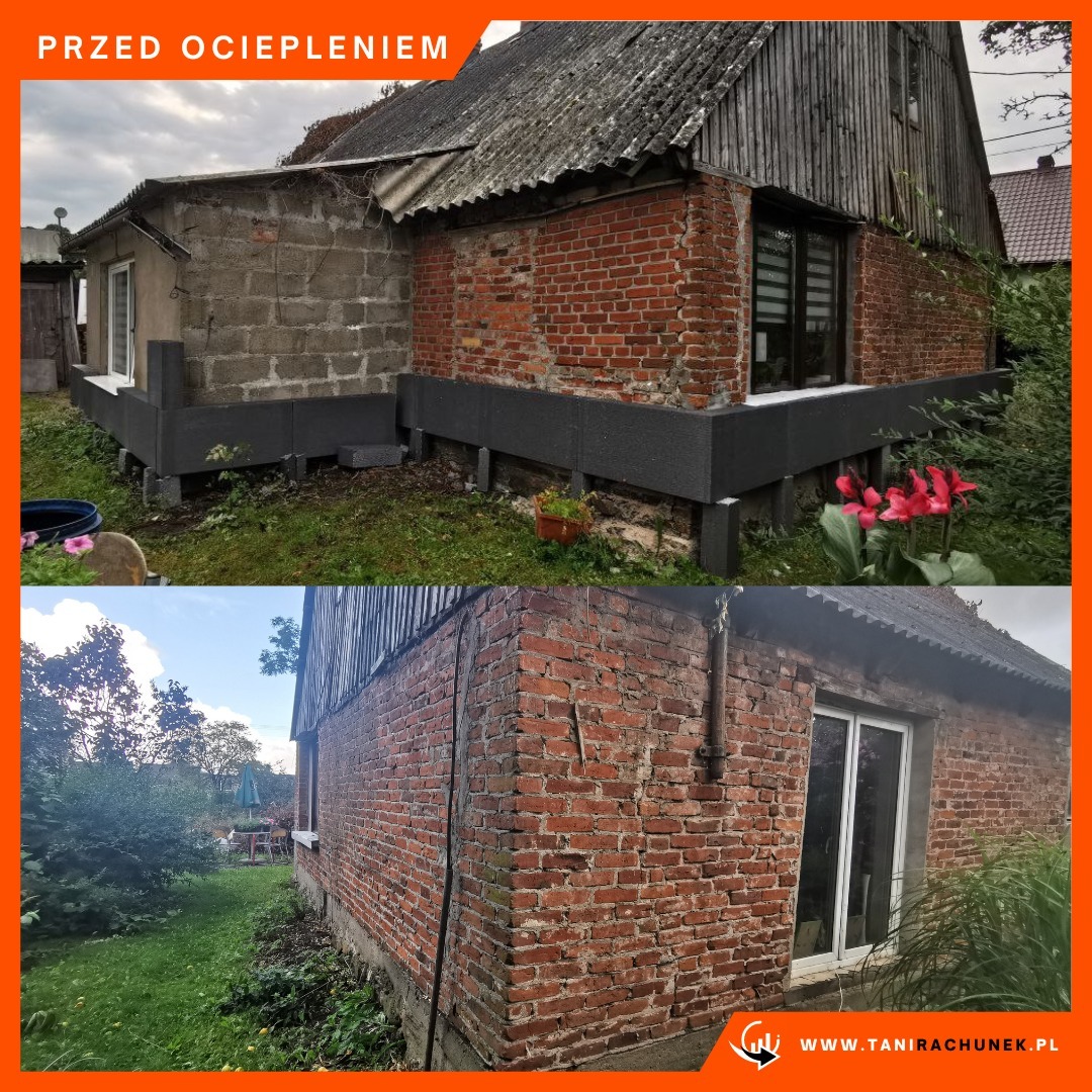 Dwa ujęcia tego samego budynku: górne pokazuje fragment elewacji przed ociepleniem z widocznymi blokami styropianowymi na fundamencie, dolne ukazuje elewację z czerwonej cegły po ukończeniu prac,...