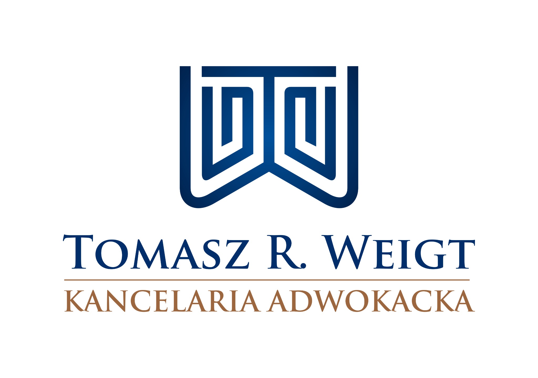 Logo Kancelarii Adwokackiej Tomasza R. Weigt z abstrakcyjnym symbolem w kolorze granatowym nad nazwą i dopiskiem 'Kancelaria Adwokacka' w kolorze brązowym.