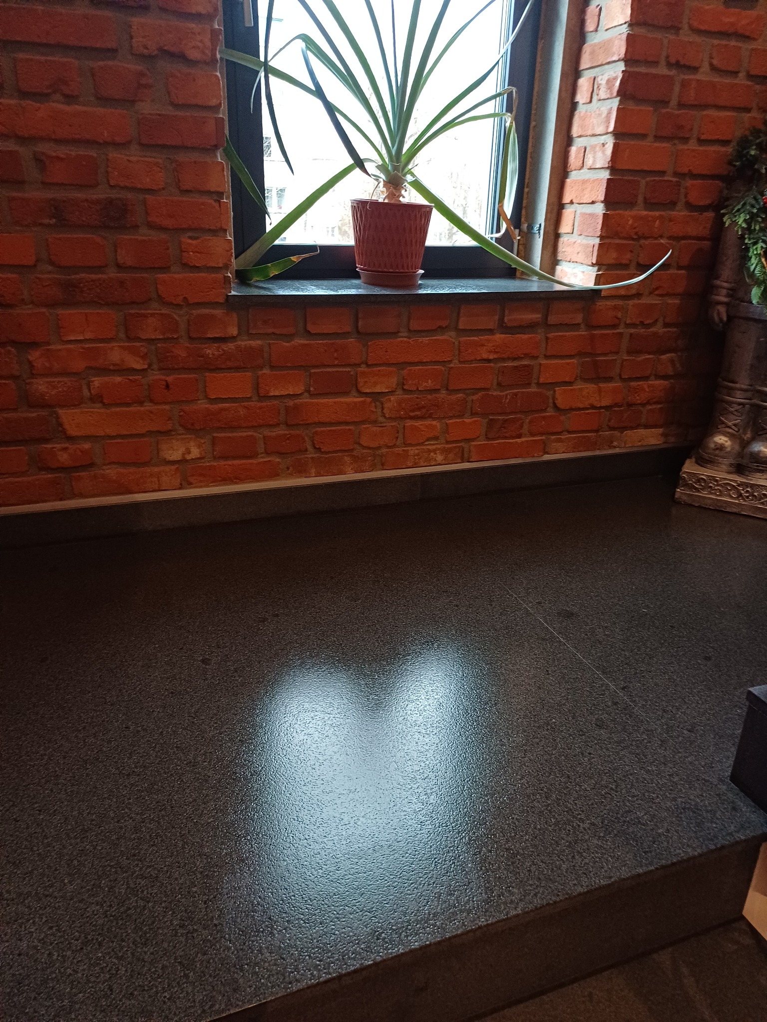 Wnętrze z czerwoną cegłą, rośliną w doniczce na parapecie i ciemną, błyszczącą podłogą.