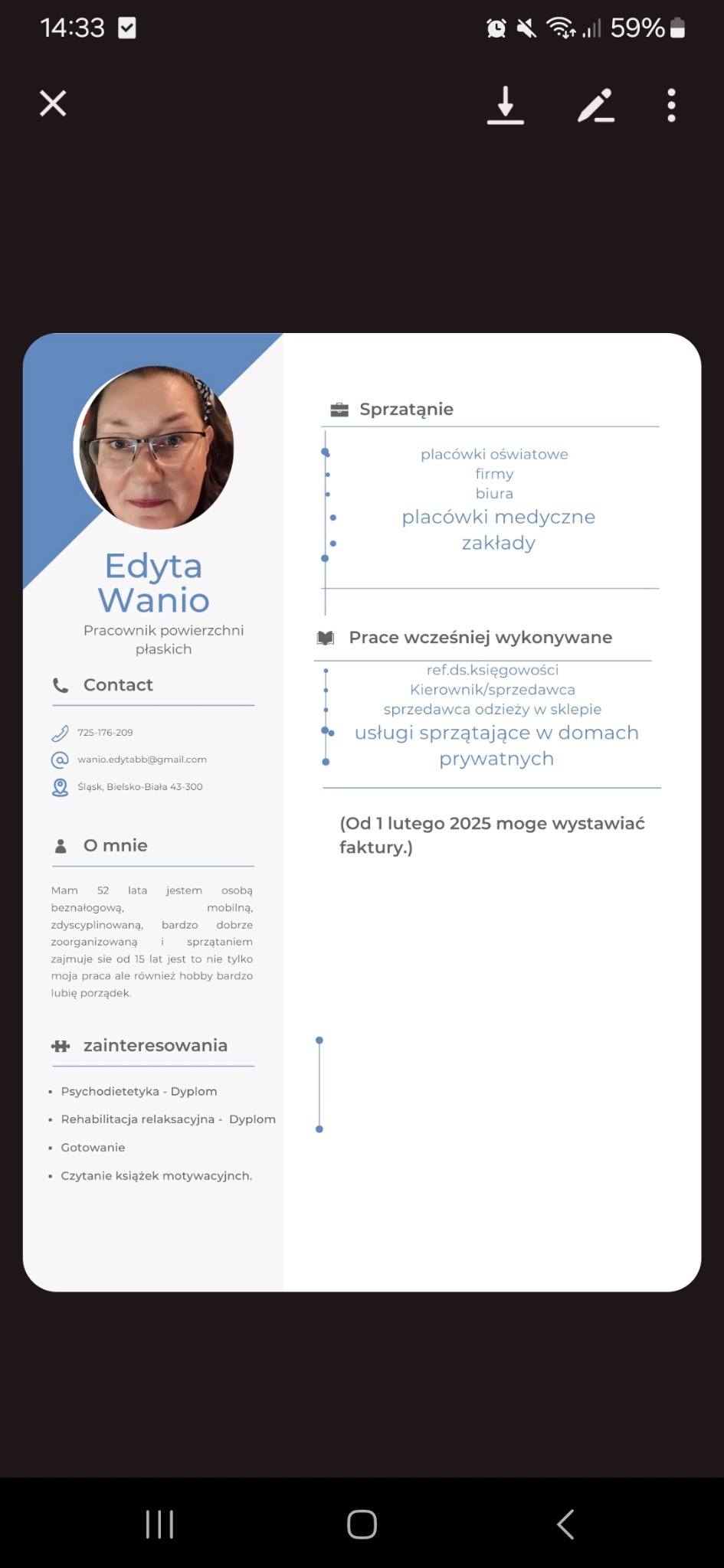 Grafika prezentująca profil zawodowy Edyty Wanio, pracownika powierzchni płaskich, z informacjami kontaktowymi, opisem osobistym i doświadczeniem zawodowym w usługach porządkowych, w tym sprzątaniu...