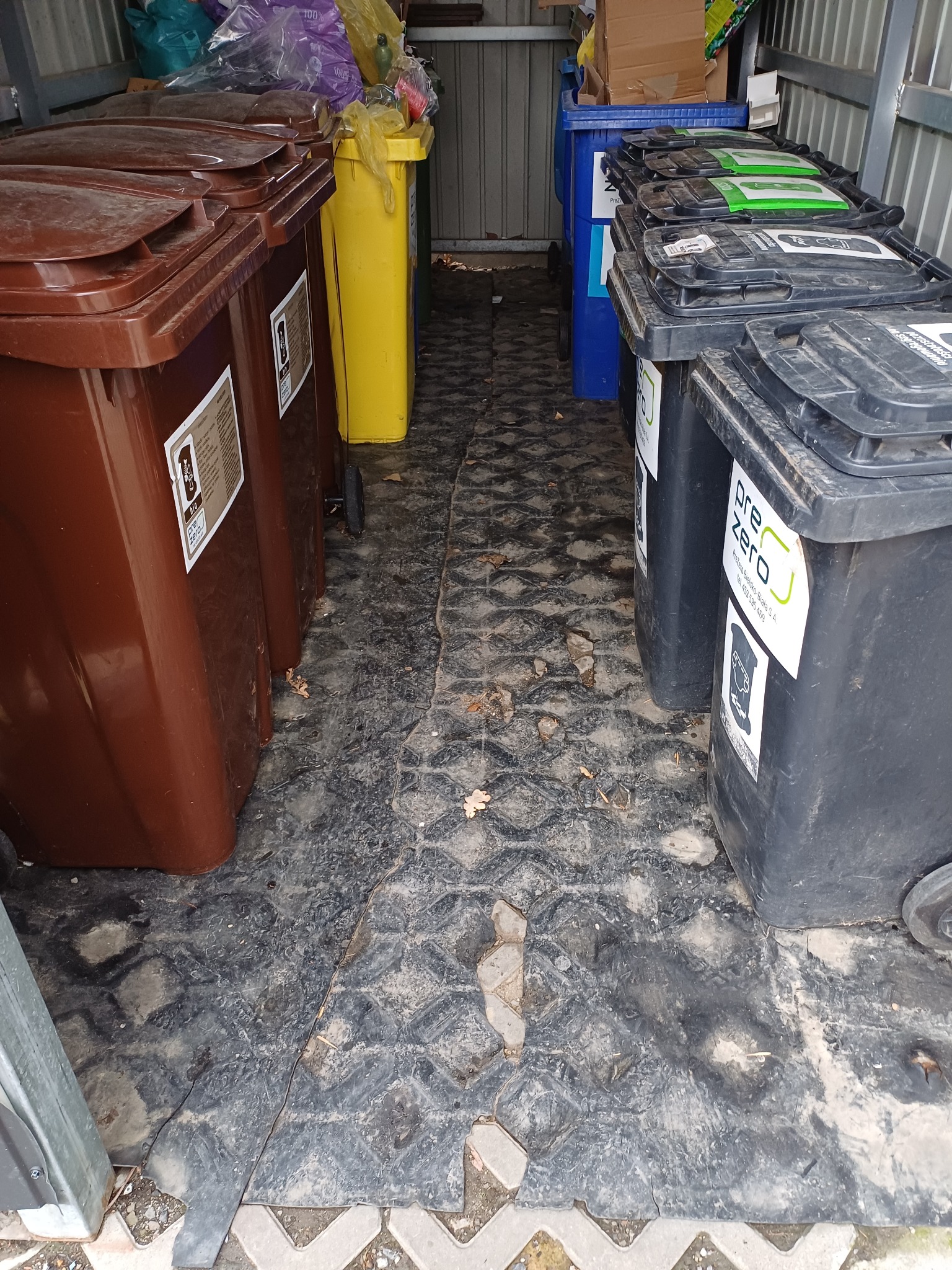 Rzędy brązowych, żółtych, niebieskich i czarnych pojemników na odpady w pomieszczeniu gospodarczym z brudną, gumową podłogą