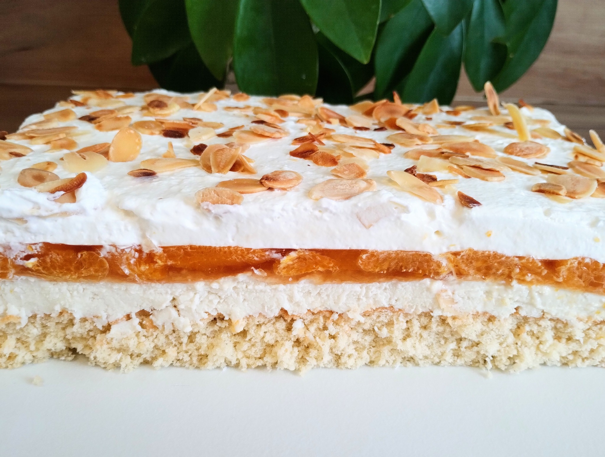 Przekrój tortu z biszkoptem, kremem śmietankowym, warstwą pomarańczowej galaretki i płatkami migdałów na wierzchu, na białym tle, z zielonymi liśćmi w tle.