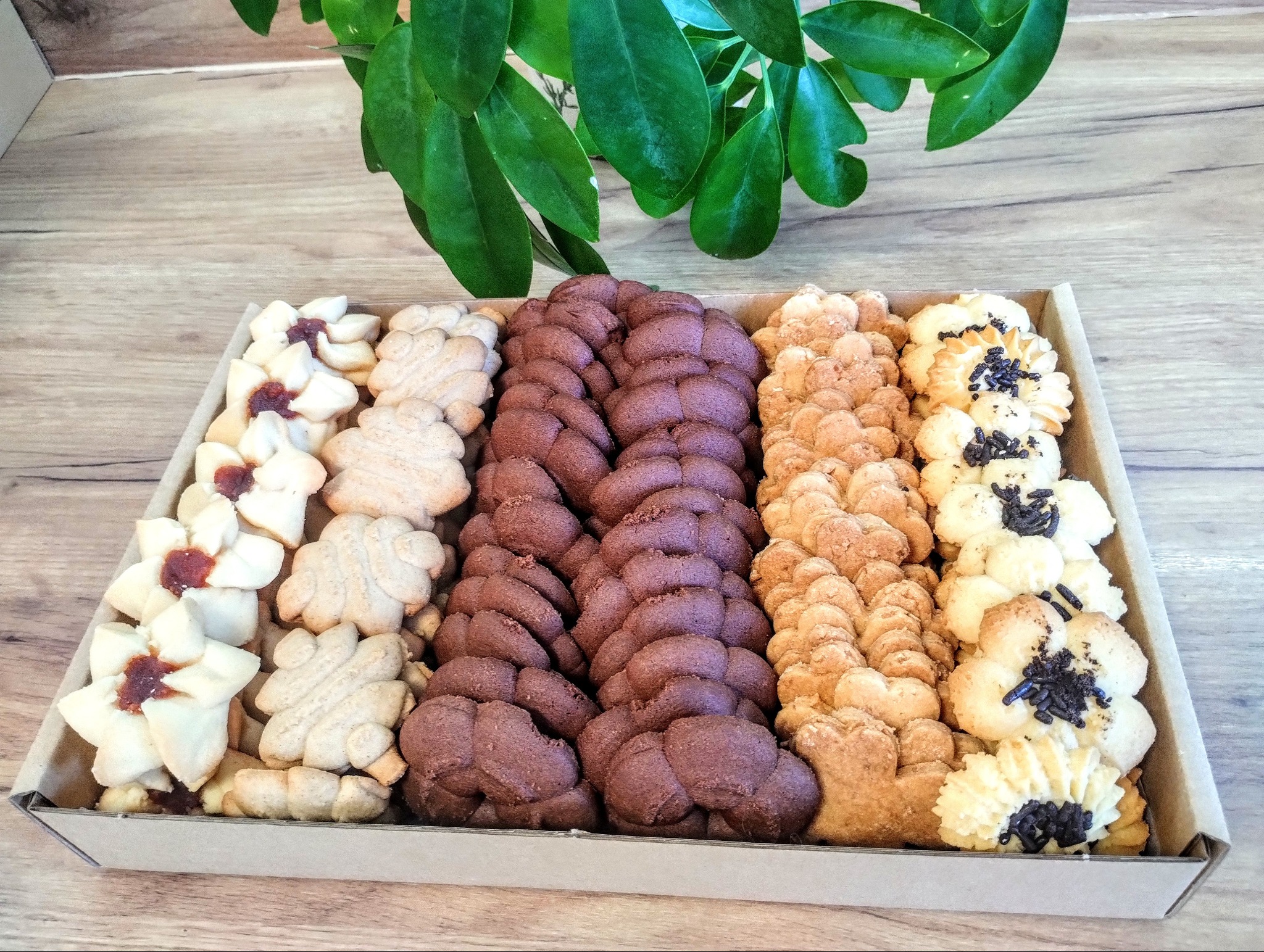 Różnorodne ciasteczka w kartonowym pudełku, w tym kwiatki z dżemem, czekoladowe warkocze i jasne posypane czekoladą, dekorowane zielonymi liśćmi rośliny.