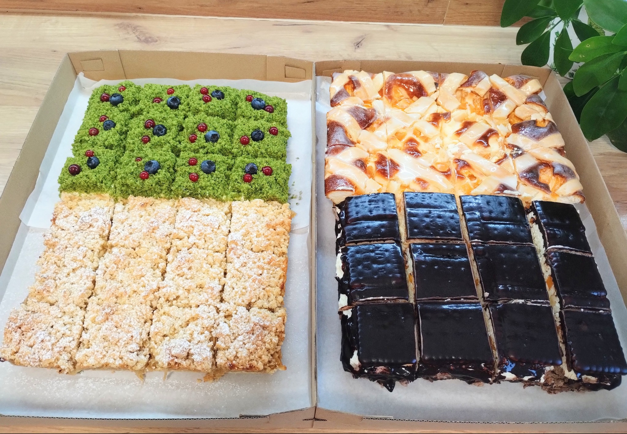 Dwa rodzaje ciast w kartonowych pudełkach: jedno z zieloną posypką i owocami, drugie z polewą i ciemną czekoladą, widok z góry.