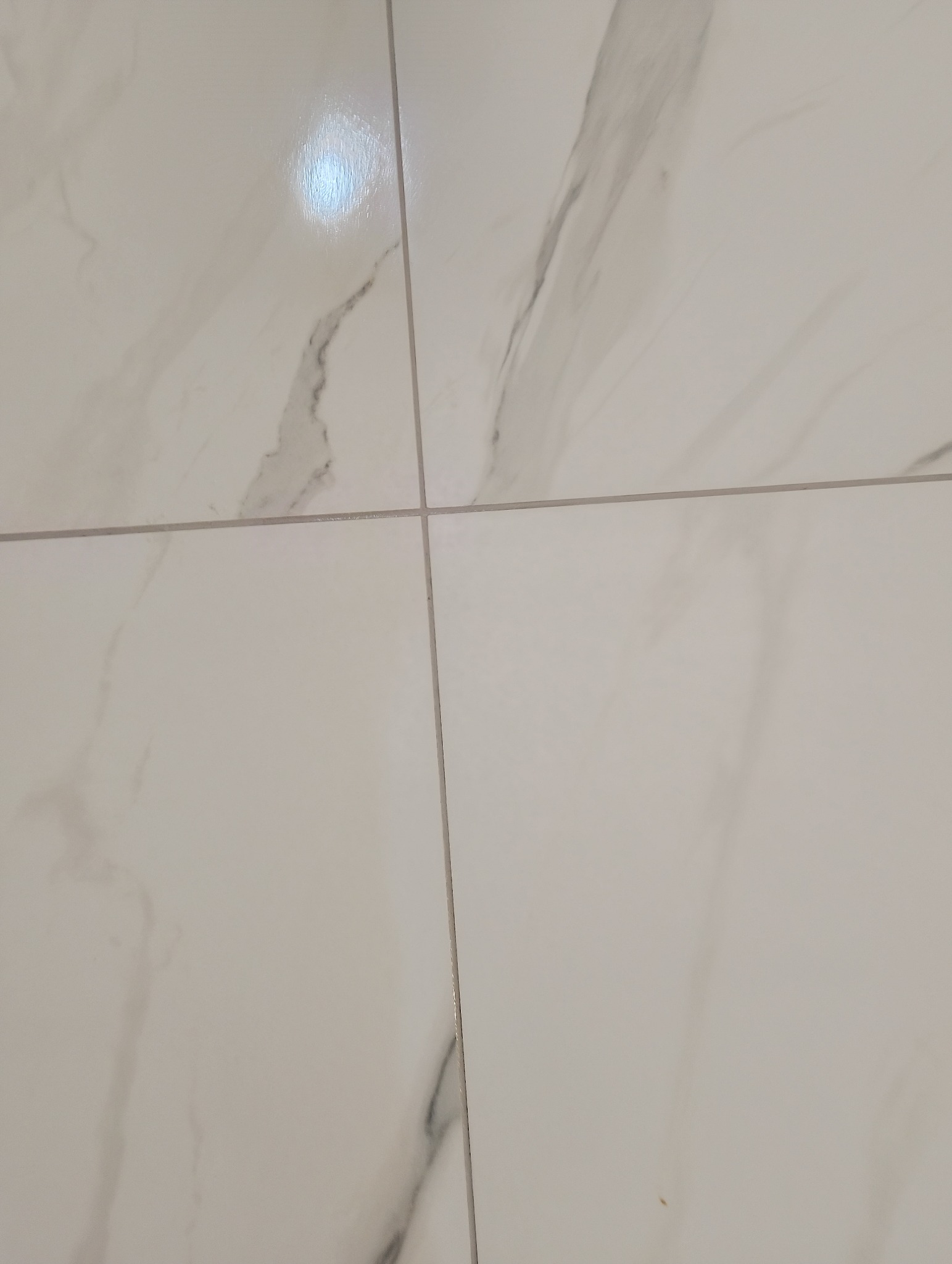 Połyskujące, białe płytki podłogowe z szarym marmurkowym wzorem, ułożone w regularną siatkę z widocznymi fugami. Minimalistyczny design.