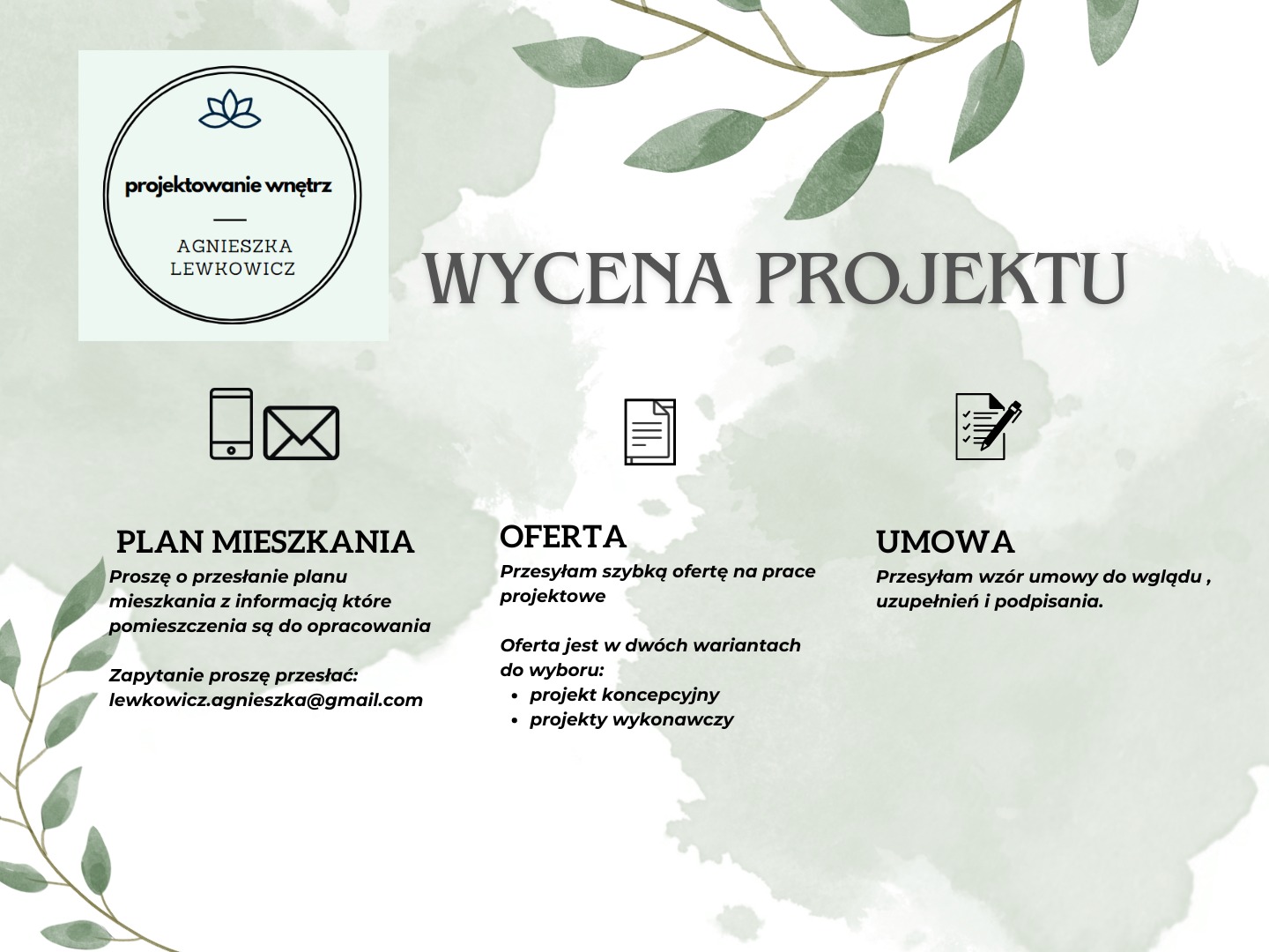 Grafika informacyjna z wyceną projektu aranżacji wnętrz, z logo firmy Agnieszki Lewkowicz, prośbą o przesłanie planu mieszkania, ofertą w dwóch wariantach i wzorem umowy.