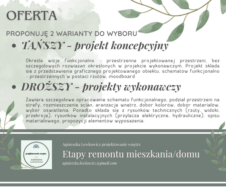 Grafika reklamowa oferująca dwie opcje projektowania wnętrz: tańszy projekt koncepcyjny i droższy projekt wykonawczy, z akcentem na etapy remontu mieszkania/domu.