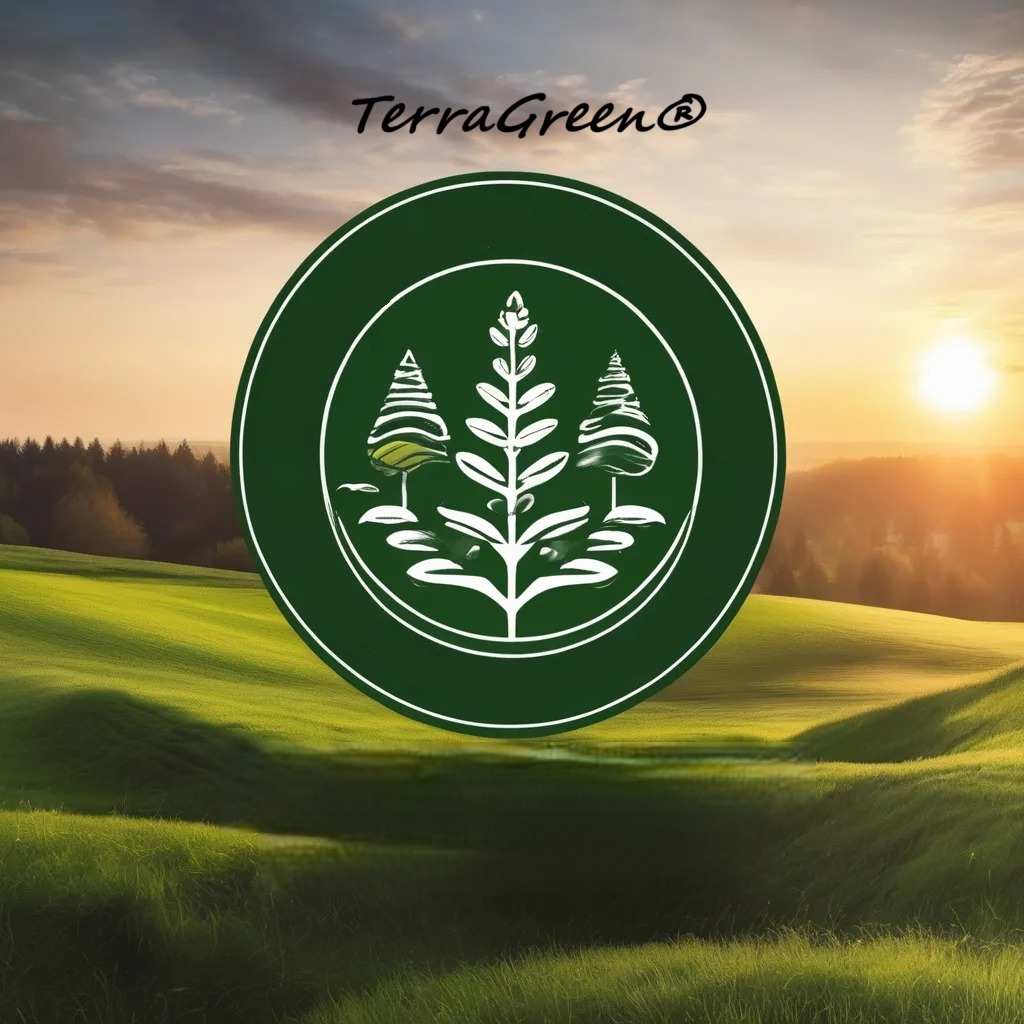 Logo TerraGreen na tle zielonego pola i zachodzącego słońca. Grafika przedstawia trzy stylizowane drzewa wewnątrz zielonego okręgu.