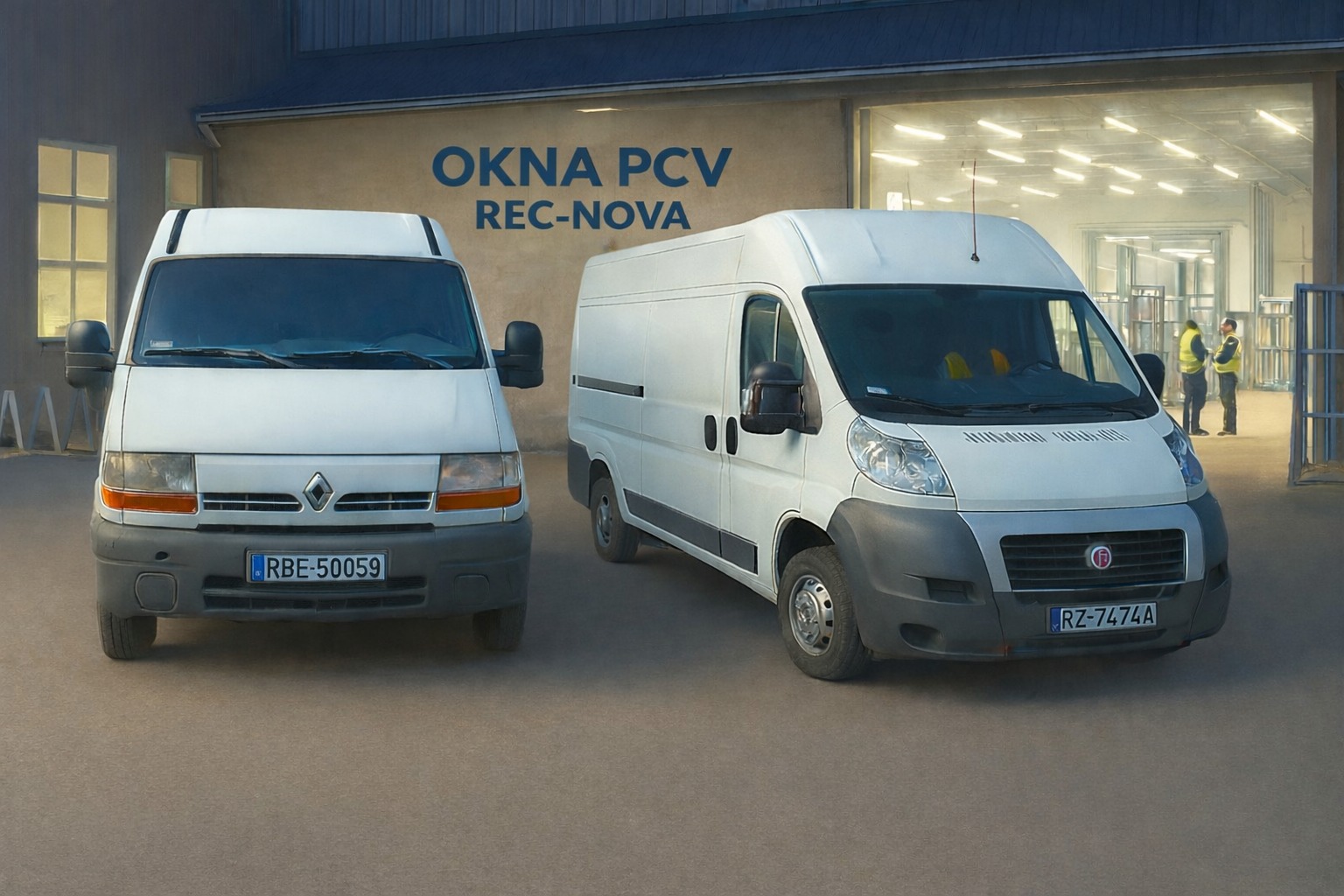 Dwa białe busy dostawcze firmy Okna PCV REC-NOVA zaparkowane przed budynkiem z otwartą halą produkcyjną i pracownikami w odblaskowych kamizelkach.