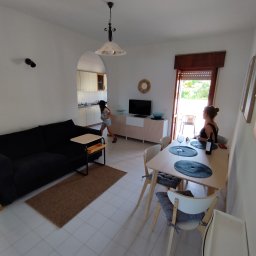 Koncept - Jasne wnętrze mieszkania z czarną sofą, drewnianym stołem jadalnym z winem, telewizorem i widokiem na taras z ogrodem przez otwarte drzwi balkonowe