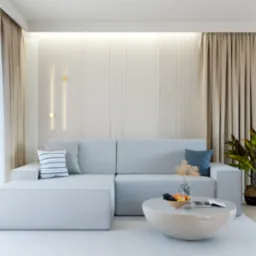 Jasny salon z narożną sofą, okrągłym stolikiem kawowym i dekoracyjnymi lampami ściennymi. Minimalistyczny design z akcentami beżu i bieli. Roślina doniczkowa dodaje koloru.