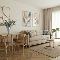 MJ Home Staging - Jasne wnętrze: beżowa sofa z poduszkami, okrągły stół z krzesłami, abstrakcyjne obrazy na ścianie, lustra i dywan w odcieniach beżu. Minimalistyczny, przytulny salon.