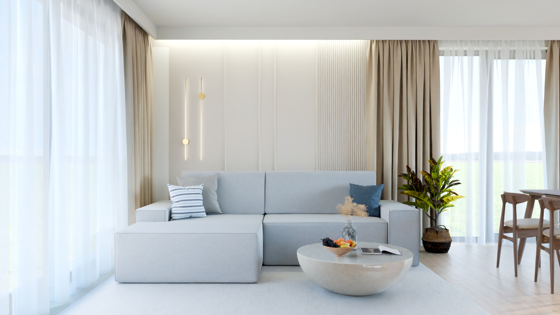 Jasny salon z narożną sofą, okrągłym stolikiem kawowym i dekoracyjnymi lampami ściennymi. Minimalistyczny design z akcentami beżu i bieli. Roślina doniczkowa dodaje koloru.